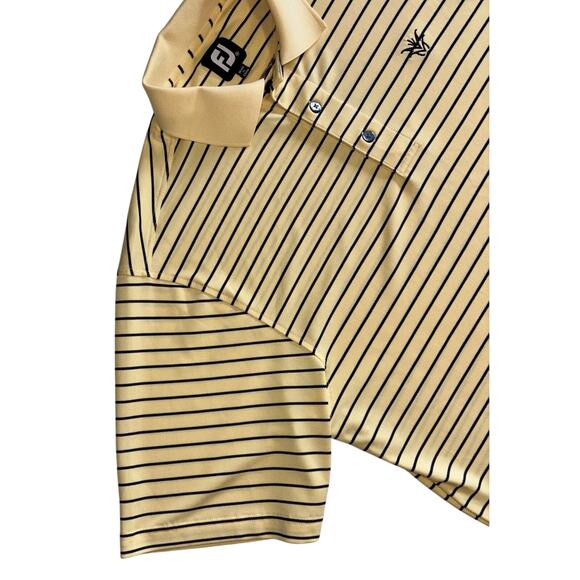 FJ Footjoy Men's Polo Shirt Medium Yellow Navy Stripe Unknown Golf Course Logo - Picture 8 of 12